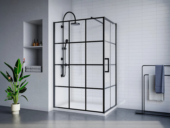 Porte de douche pivotante avec paroi fixe sérigraphiée noir mat - 120 cm - CAPARICA