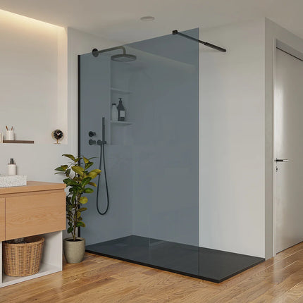 Paroi de douche à l'italienne finition verre fumé avec barre stabilisation réglable - Noir fumé - 140 cm - MALIKA II