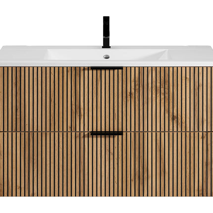 Meuble de salle de bain strié suspendu avec vasque à encastrer - Naturel clair et noir - 100 cm - MADELA