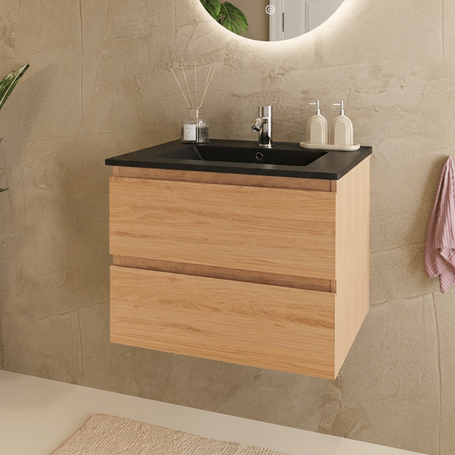 Meuble de salle de bain suspendu design contemporain avec vasque en marbre minéral - noir et chêne clair - 60 cm - Marenza