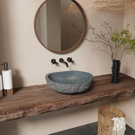 Vasque de salle de bain en pierre naturelle avec vasque asymétrique - Gris - 50 cm - WATU