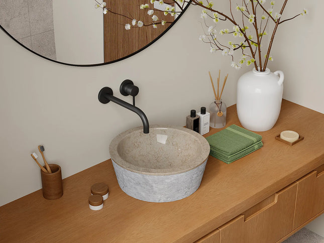 Vasque de salle de bain en marbre massif avec vasque ronde striée - crème - 40 cm - MARBLE