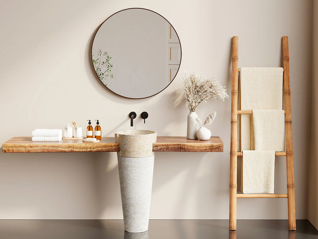 Vasque sur pied en marbre massif avec vasque ronde - Gris naturel - 40 cm - LANTA