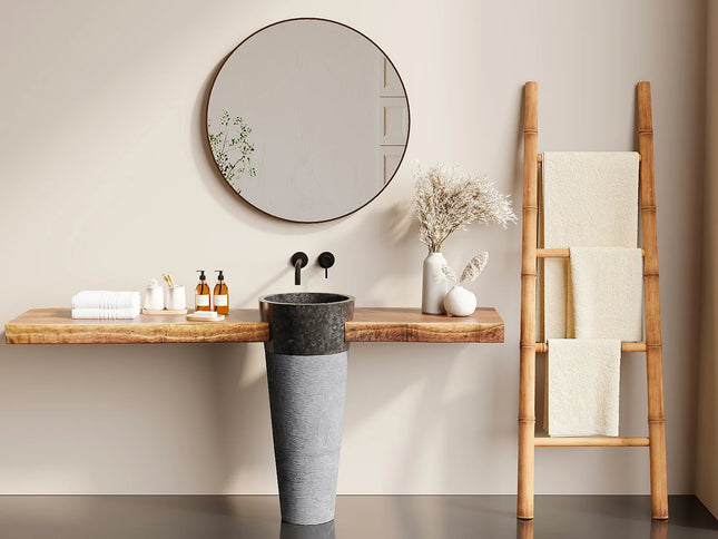 Vasque sur pied en marbre crème avec vasque ronde - 40 cm - LANTA