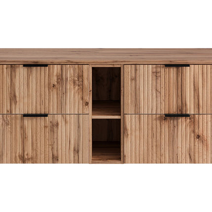 Meuble sous vasque suspendu strié avec niches - Noir et naturel clair - 140 cm - ZEVARA