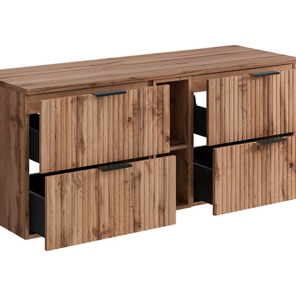 Meuble sous vasque suspendu strié avec niches - Noir et naturel clair - 140 cm - ZEVARA