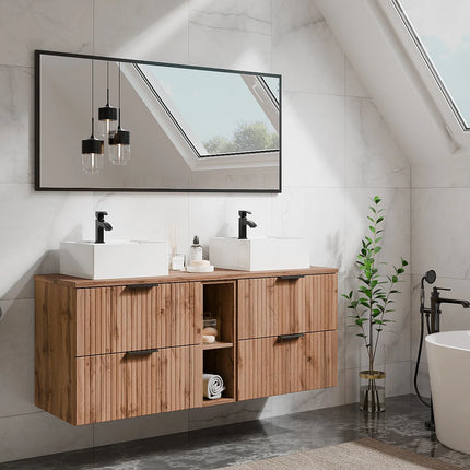 Meuble sous vasque suspendu strié avec niches - Naturel clair - 140 cm - ZEVARA