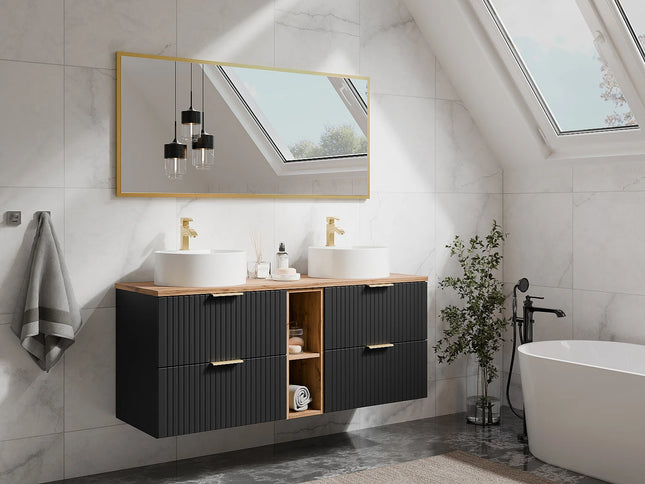 Meuble de salle de bain suspendu strié avec double vasque à poser ronde - Noir et naturel clair - 140 cm - ZEVARA