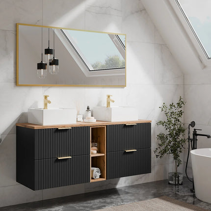 Meuble sous vasque suspendu strié avec niches - Noir et naturel clair - 140 cm - ZEVARA