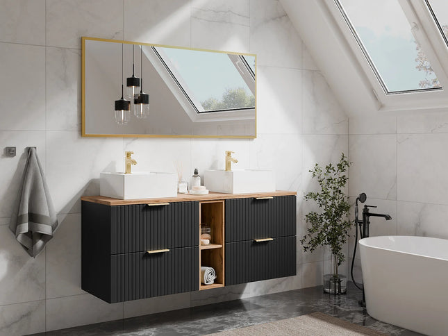 Meuble sous vasque suspendu strié avec niches - Noir et naturel clair - 140 cm - ZEVARA