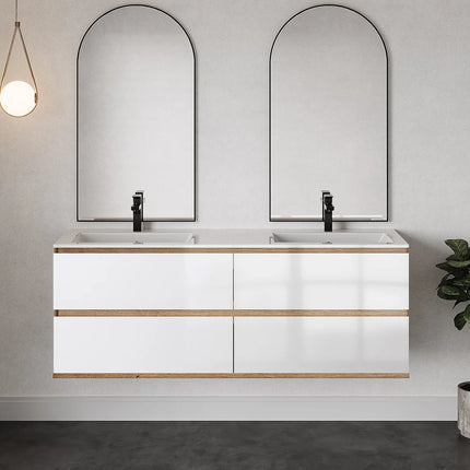 Meuble de salle de bain suspendu avec vasque à encastrer - Blanc et naturel clair - 150 cm - SABURI