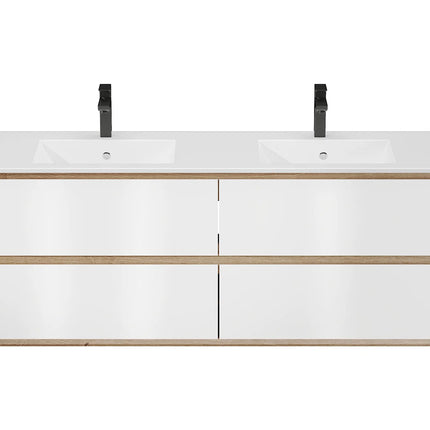 Meuble de salle de bain suspendu avec vasque à encastrer - Blanc et naturel clair - 150 cm - SABURI