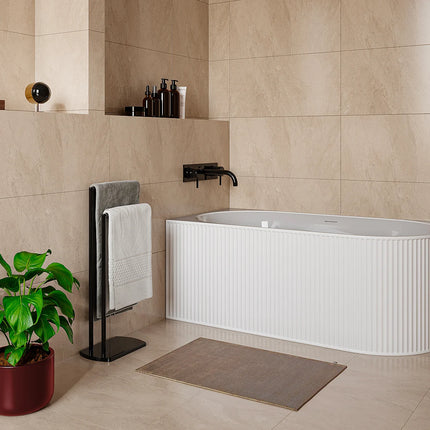 Baignoire asymétrique striée avec tablier fixe - Blanc mat - 150 cm - BARBORI