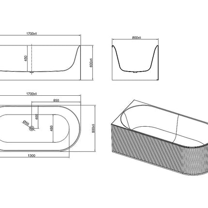 Baignoire d'angle striée avec tablier mat - Blanc - 170 cm - BARBORI