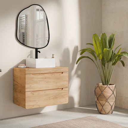Meuble de salle de bain suspendu avec vasque à poser carrée - Blanc et naturel clair - 80 cm - ARUBA
