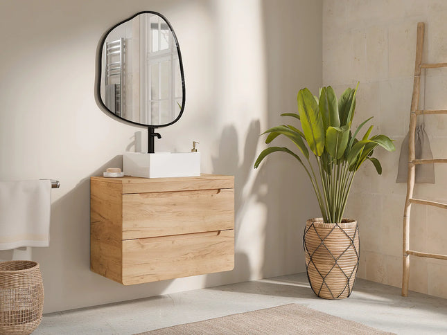 Meuble de salle de bain suspendu avec vasque à poser carrée - Blanc et naturel clair - 80 cm - ARUBA