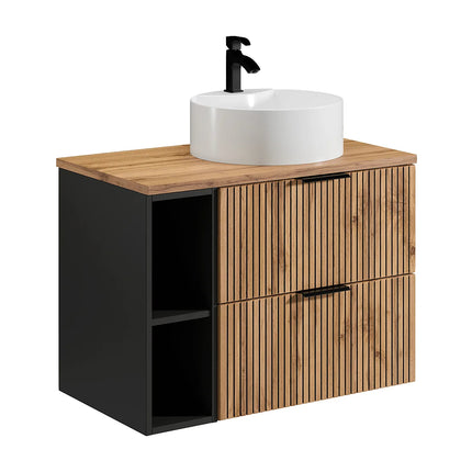 Meuble de salle de bain strié avec vasque à poser ronde - Naturel clair - 80 cm - Espace pro