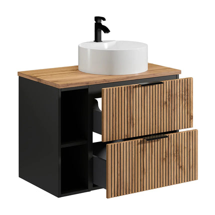 Meuble de salle de bain strié avec vasque à poser ronde - Naturel clair - 80 cm - Espace pro
