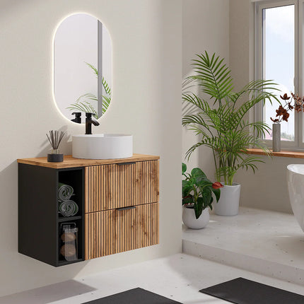 Meuble de salle de bain strié avec vasque à poser ronde - Naturel clair - 80 cm - Espace pro
