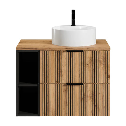 Meuble de salle de bain strié avec vasque à poser ronde - Naturel clair - 80 cm - Espace pro