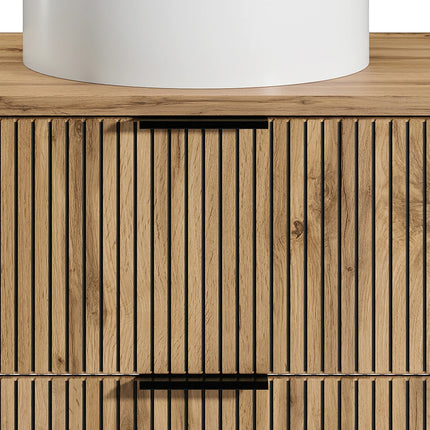 Meuble de salle de bain strié avec vasque à poser ronde - Naturel clair - 80 cm - Espace pro
