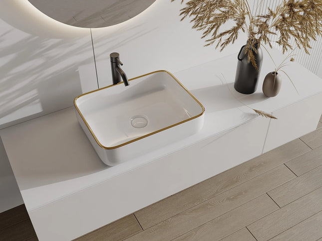 Vasque à poser rectangulaire finition brillante avec vasque en céramique - Blanc - 50 cm - Les Essentiels DS CONCEPT