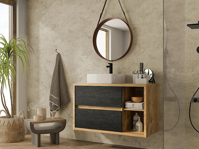 Meuble de salle de bain suspendu esprit loft avec vasque carrée à poser - Naturel et anthracite - 100 cm - TIKITIKI