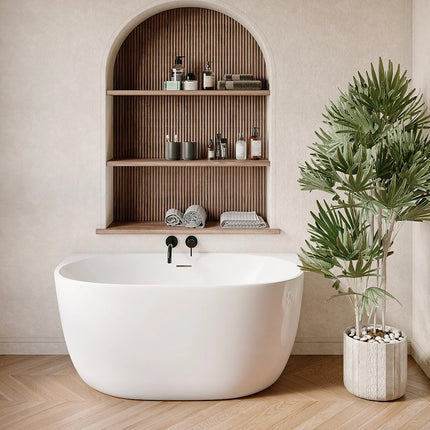 Baignoire semi-îlot ovale brillante avec bonde clic-clac - Blanche - 130 cm - AMOSARI