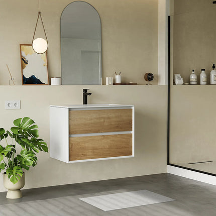 Meuble de salle de bain industriel avec vasque à encastrer - Blanc et naturel clair - 80 cm - Les éphémères