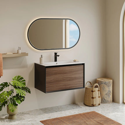 Meuble de salle de bain strié suspendu avec vasque à encastrer - Naturel foncé et noir - 80 cm - Les éphémères