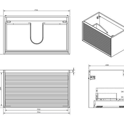 Meuble de salle de bain strié suspendu avec vasque à encastrer - Naturel foncé et noir - 80 cm - Les éphémères