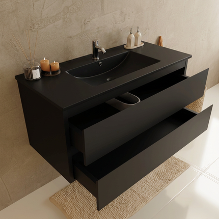 Meuble de salle de bains suspendu design épuré avec lavabo minéral - noir - 100 cm - Marenza