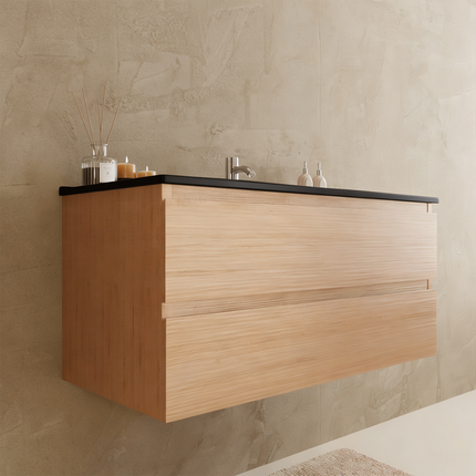 Meuble suspendu contemporain avec vasque marbre minéral noir - Chêne - 100 cm - Marenza