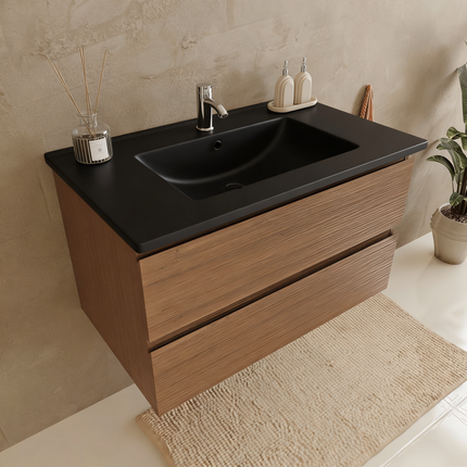 Meuble suspendu avec vasque en marbre minéral - Noir - 80 cm - Marenza