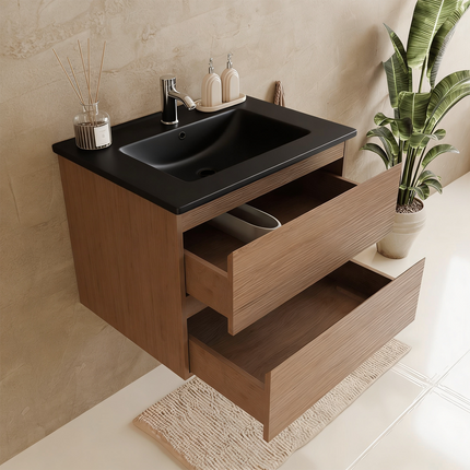 Meuble de salle de bains suspendu finition chêne chaud avec vasque en marbre minéral noir - 60 cm - Marenza