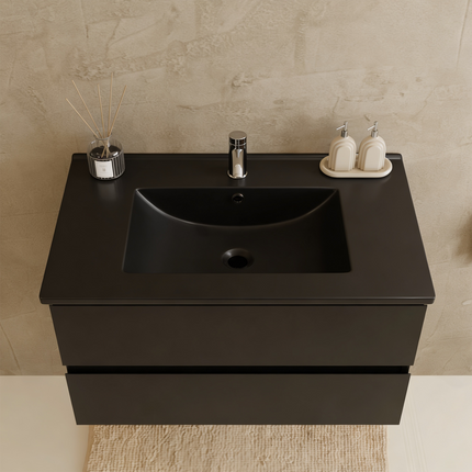 Meuble de salle de bains suspendu mat noir avec vasque en marbre minéral noire - 80 cm - Marenza