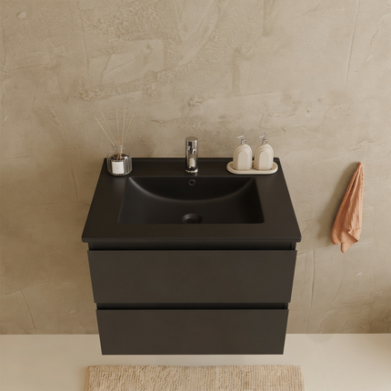 Meuble de salle de bain suspendu mat noir avec vasque en marbre minéral noire - 60 cm - Marenza