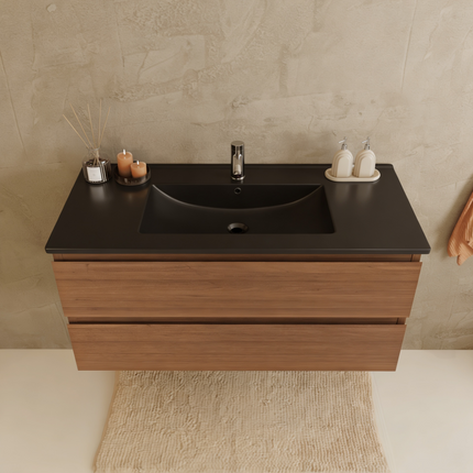 Meuble de salle de bain suspendu finition chêne chaud avec vasque en marbre minéral noire - 100 cm - Marenza