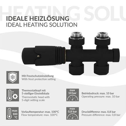 Vanne thermostatique de passage multibloc avec tête intégrée - noir - 11,5 cm