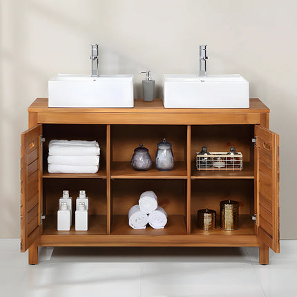 Meuble sous vasque à poser en acacia avec vasques à poser carrées - naturel foncé - 130 cm - PULUKAN