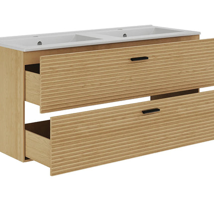 Meuble de salle de bain strié suspendu avec vasque à encastrer - Naturel clair - 120 cm - SARONE
