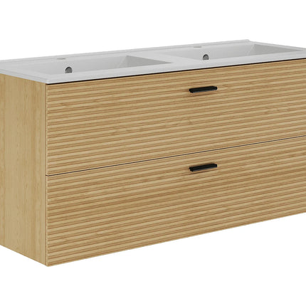 Meuble de salle de bain strié suspendu avec vasque à encastrer - Naturel clair - 120 cm - SARONE