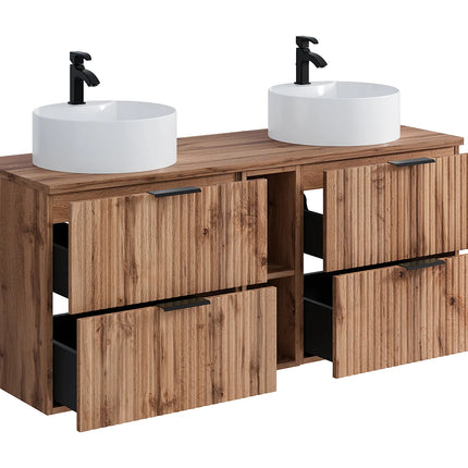 Meuble de salle de bain suspendu strié avec double vasque à poser ronde - Noir et naturel clair - 140 cm - ZEVARA