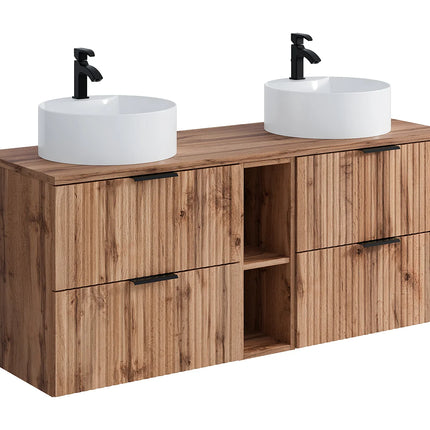 Meuble de salle de bain suspendu strié avec double vasque à poser ronde - Noir et naturel clair - 140 cm - ZEVARA