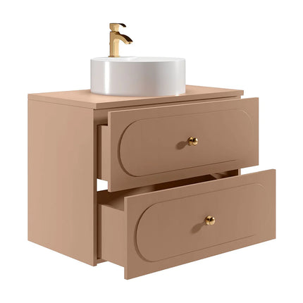 Meuble de salle de bain suspendu cannelé avec vasque à poser ronde - Rose poudré - 80 cm - SATOBAL