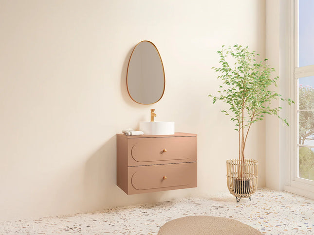 Meuble de salle de bain suspendu cannelé avec vasque à poser ronde - Rose poudré - 80 cm - SATOBAL