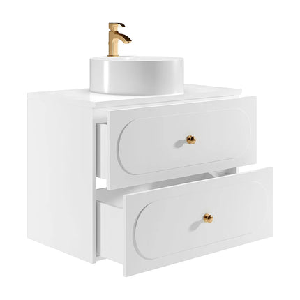 Meuble de salle de bain cannelé avec vasque à poser ronde - Blanc - 80 cm - SATOBAL