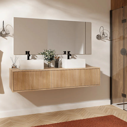 Meuble sous vasque strié avec double vasque - Naturel clair - 150 cm - Good for Planet