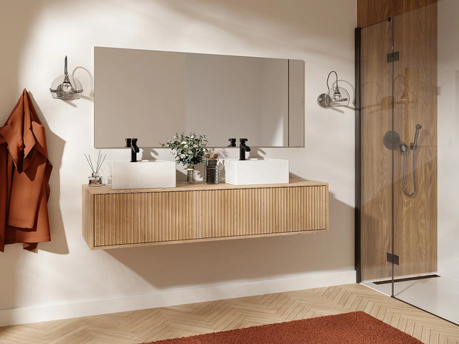 Meuble sous vasque strié avec double vasque - Naturel clair - 150 cm - Good for Planet