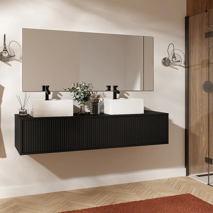 Meuble de salle de bain suspendu strié avec double vasque à poser - Noir - 150 cm - Good for Planet